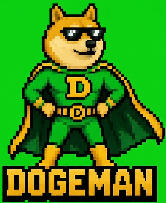 A pixel art illustration of a dog-headed superhero in a green suit with a 'D' emblem, cape, and sunglasses, labeled 'DOGEMAN' below.