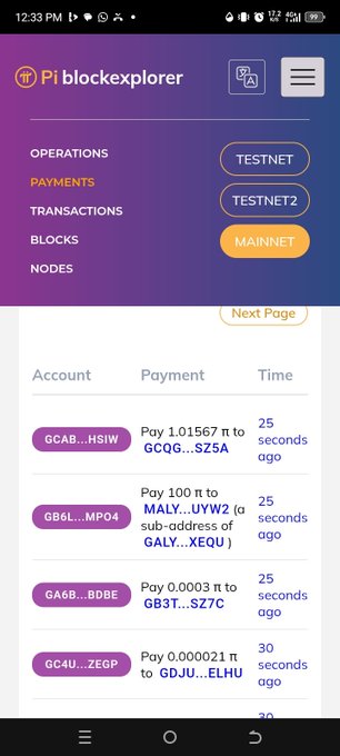 A screenshot of the Pi Blockexplorer app showing the "Payments" tab with a network selection menu (TESTNET, TESTNET2, MAINNET) and a list of recent transactions on the Pi testnet. The visible transactions, such as "Pay 1.015567 π to GCQG...SZ5A" and "Pay 100 π to MALY...UYW2 (a sub-address of GALY...XEQU)," occurring just 25-30 seconds ago, provide visual evidence of the live smart contract activity mentioned in the post.