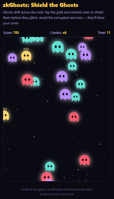 A screenshot of an arcade game titled "zkGhosts: Shield the Ghosts" with instructions to tap gold and colored ghosts to shield them while avoiding red corrupted ones, showing a score of 785, a combo of x6, and a timer at 11 seconds, with various colored Pac-Man-shaped ghosts scattered across a starry background.