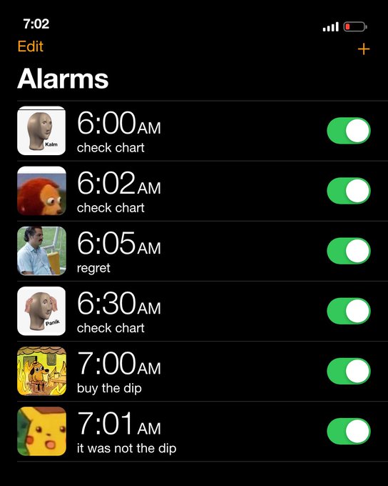 A humorous iPhone Alarms screen showing meme-themed alarm labels including 'check chart' with Meme Man, 'regret' with the crying Wojak, 'buy the dip' with Simba, and 'it was not the dip' with Pikachu surprised face, set between 6:00 AM and 7:01 AM.