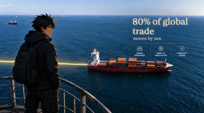 An anime-style character with a backpack watches a container ship at sea, with text stating '80% of global trade moves by sea' alongside icons for Human Observers, Smart Verification, and Community Nodes.