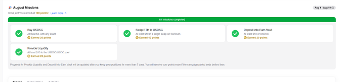 A screenshot of completed 'August Missions' on what appears to be Coinbase, showing 4/4 missions completed including 'Buy USDC', 'Swap ETH to USDC', 'Deposit into Earn Vault', and 'Provide Liquidity', earning 20 points each.