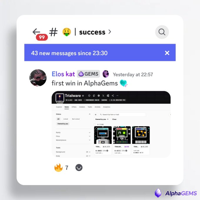 A Discord screenshot showing a message in the #success channel from 'Elos kat' with a GEMS badge celebrating their 'first win in AlphaGems,' featuring a Trialware NFT marketplace interface with 7 fire reactions.