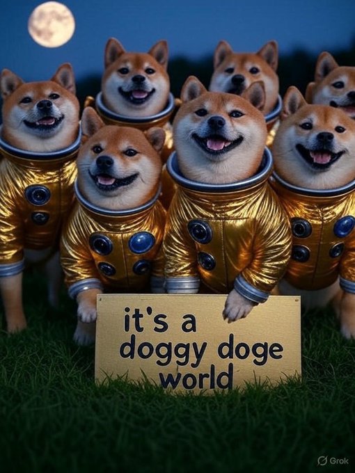 AI-generated image of multiple Shiba Inu dogs wearing golden astronaut suits holding a sign that reads "it's a doggy doge world," with a "Grok" watermark, created with Grok.