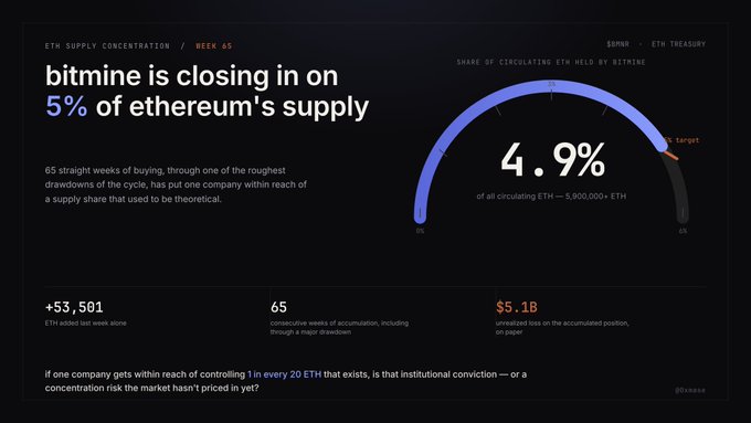 A dashboard-style infographic highlights Bitmine's accumulation of **53,501 $ETH** in one week, bringing total holdings above **5.9M ETH (~4.9% of circulating supply)** and closing in on a **5% target**, with the accrued position representing approximately **$1 in unrealized paper value per 20 ETH**—visually reinforcing the post's concern about institutional concentration risk.