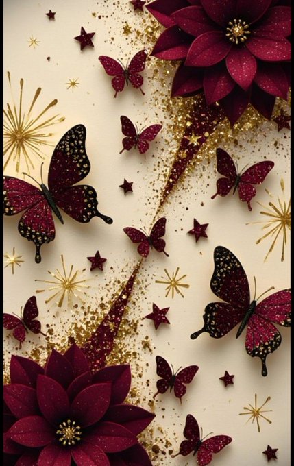 A decorative design featuring burgundy butterflies, red poinsettia flowers, gold glitter, and star accents on a cream background.