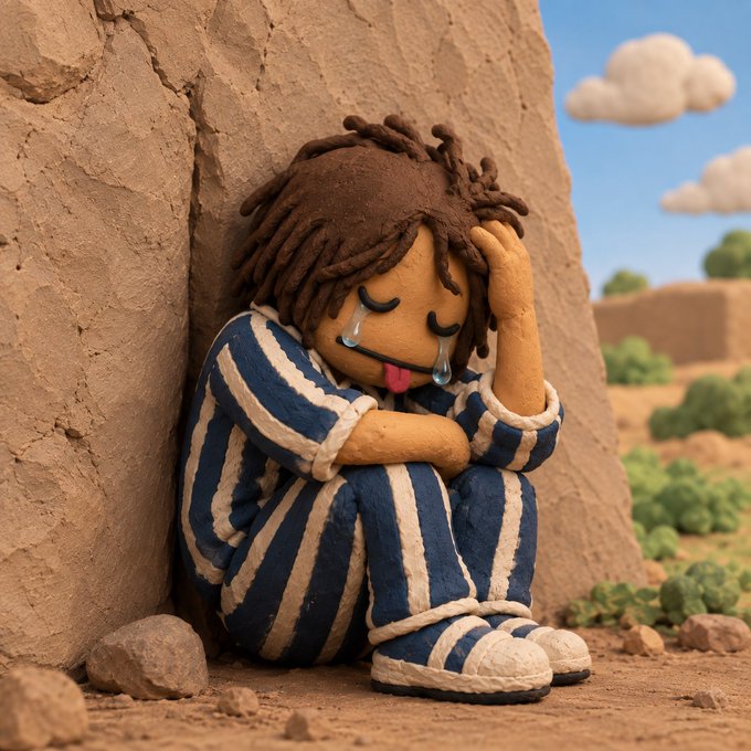 A claymation-style figure of a child in striped pajamas crying with their head in their hand, leaning against a rock formation.