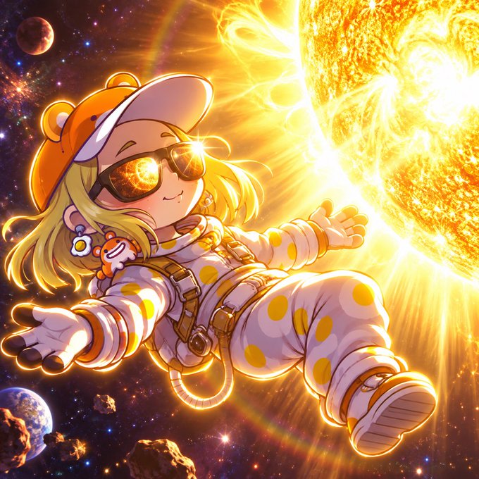 An anime-style illustration of a girl in an orange bear-eared cap, sunglasses, and a polka-dot spacesuit floating in space near a bright sun and planets.