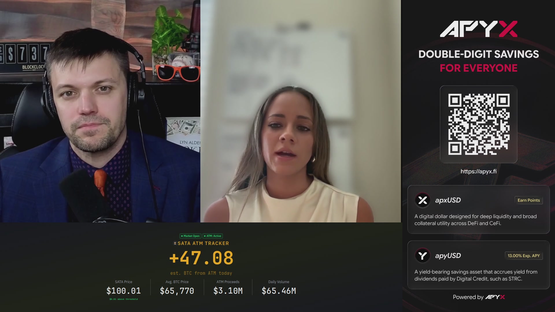 The image shows a man wearing headphones, possibly listening to a podcast or radio show, with a woman standing next to him. They are both looking at a computer screen displaying information about Strive's $SATA token. The text on the screen indicates that the token has raised enough money to buy over 35 Bitcoin and is currently trading at par. Additionally, it mentions that daily dividends have started recently. This suggests that the image captures a moment where the man and woman are discussing or analyzing the current status of Strive's $SATA token.