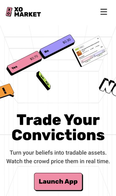Mobile app landing page for XO Market, featuring the headline 'Trade Your Convictions' with a 'Launch App' button and an illustration of Yes/No prediction tokens.