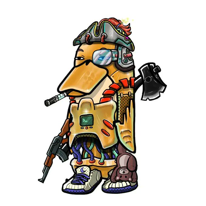 A cartoon illustration depicts a yellow, bird-like cyborg character equipped with a helmet, eyepiece, axe, gun, and wires, alongside a small stuffed bunny toy.