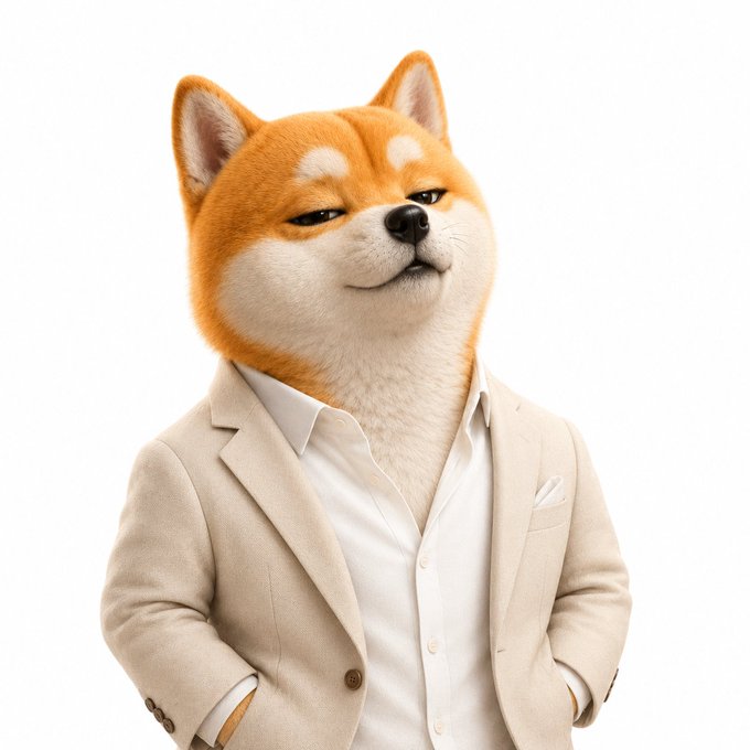 "gm doge fam." means that the image has been shared or reposted, possibly as a part of a social media campaign or for promoting a brand related to dogs. The image features an orange and white dog wearing a suit jacket and tie, giving it a unique and amusing appearance. This could be interpreted as a humorous take on the concept of dressing up pets in human-like attire.