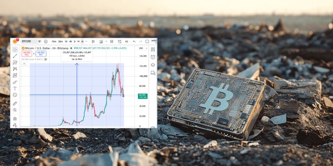 A Bitcoin-themed image showing a BTC/USD price chart with a 34.39% gain overlay, next to a physical object resembling a Bitcoin chip on a rocky beach.