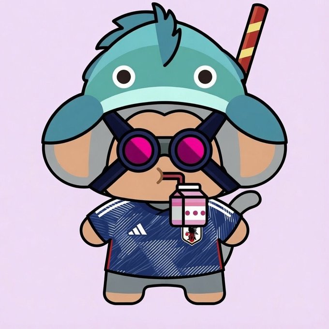 The image features a cartoon character dressed in a blue shirt, wearing goggles and holding a drink. The character appears to be a monkey with a hat that has a fish face design. The background of the image is white, which contrasts with the colorful attire of the character. There are no texts or other objects present in the image.