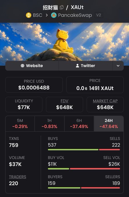 A cryptocurrency token page for 招财猫 / XAUt on PancakeSwap V2 (BSC), showing a price of $0.0006488 and a steep 24H decline of -47.64%.