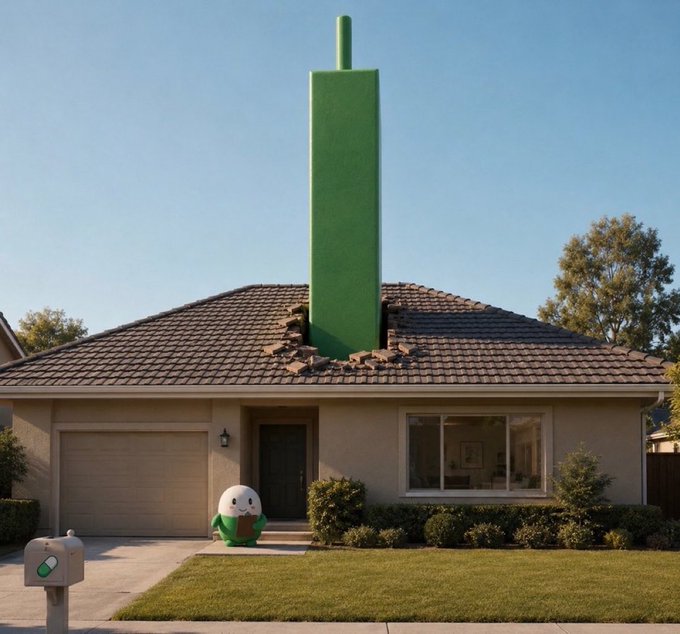 A surreal suburban house scene features a massive green pencil crashed through the roof, while a Duolingo owl mascot stands on the front lawn next to a mailbox bearing the app's logo.