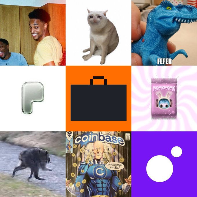 A 3x3 grid collage of various internet memes and images including a laughing man, a white cat, a blue dinosaur toy labeled 'FEFER', a metallic P-shaped logo, a black briefcase on orange, a cat-themed trading card, a running bear, a 'coinbase' cryptocurrency superhero parody, and a purple logo with white circles.