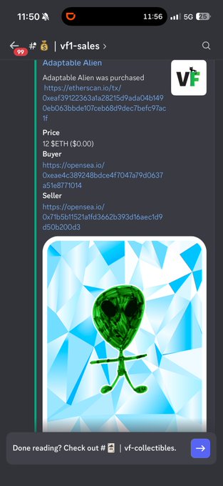 A Discord screenshot showing a purchased NFT called "Adaptable Alien" in the #v1-sales channel, priced at 12 $ETH ($0.00), with links to EtherScan, OpenSea buyer and seller pages.