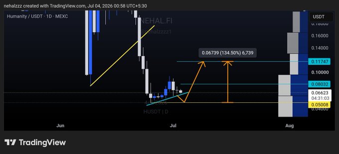 A TradingView chart of Humanity/USDT (HUSDT) on MEXC shows a dramatic price projection of 134.50%, with the current price at 0.06739 USDT and key levels marked at 0.11747, 0.08032, and 0.05008, aligned with the "$H" ticker reference.