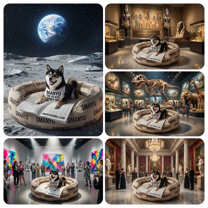 A collage of five images showing a Shiba Inu dog wearing a 'MANYU THE BLACK SHIBA INU' shirt, sitting on a branded 'SMANYU' pet bed in various settings including the moon, an Egyptian exhibit, a dinosaur museum, a modern art gallery, and a classical hall.