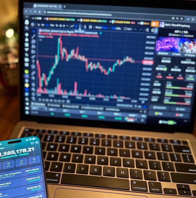 A laptop screen displays a cryptocurrency trading chart on a dark theme, while a smartphone in the foreground shows a portfolio app with a balance of $1,385,178.21 and various token listings.