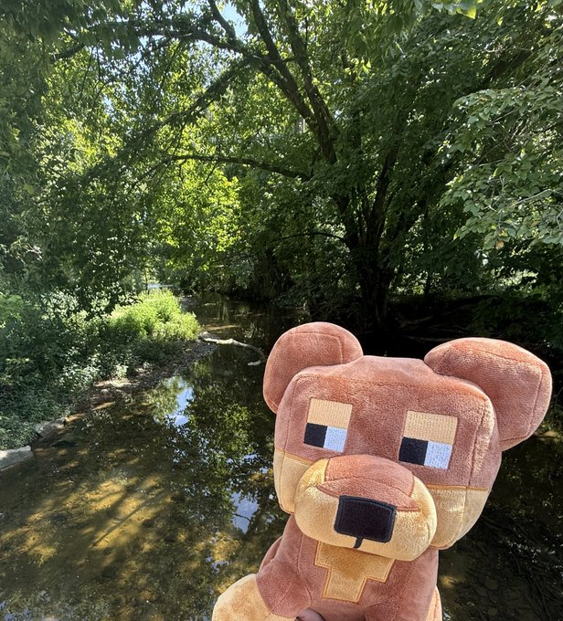 A plush toy of a pixelated bear character (resembling the Minecraft bee/bear style) held up in the foreground against a scenic backdrop of a creek surrounded by lush green trees.