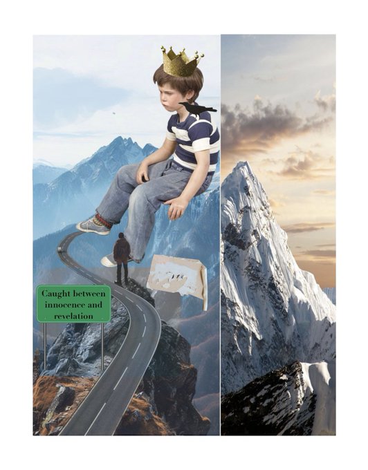 The image features a collage of various elements, including a boy sitting atop a mountain with a crown on his head, a road going through the mountains, and a sign that reads "Caught between innocence and illusion". The collage also includes text that says "Only the Mountains Know" and "@happymoonarts Collaborated x @yamadazhn Somewhere between memory and myth— he sits, he waits, and the mountains remain silent."