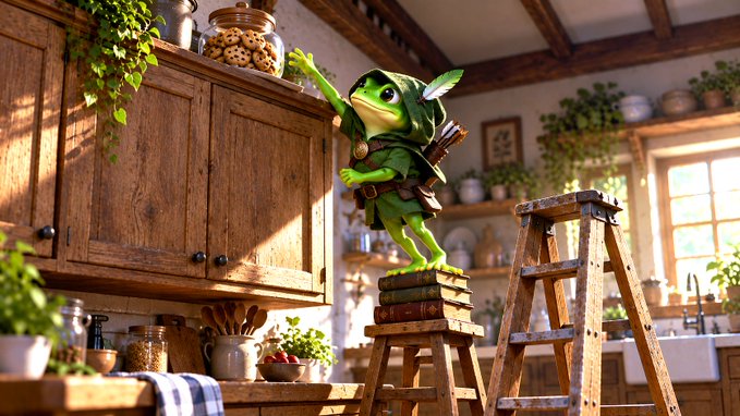 A whimsical scene of a small green frog-like creature wearing a hood and carrying a quiver of arrows, standing on stacked books atop a stool to reach a jar of cookies in a rustic, sunlit kitchen.