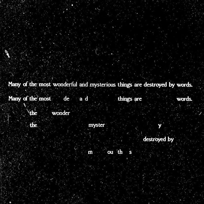 On a speckled black surface resembling a starry sky, the phrase "Many of the most wonderful and mysterious things are destroyed by words" gradually disintegrates, scattering into fragmented, isolated letters across the void—mirroring the artist's poetic reflection on how words can dissolve even as human remnants (skin, hair, DNA) settle and mark the work.