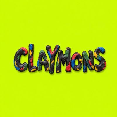 The image displays the word "CLAYMONS" in colorful, multi-colored clay-like textured letters on a vibrant lime green background. This serves as the logo or branding for the Claymons NFT project referenced in the post.