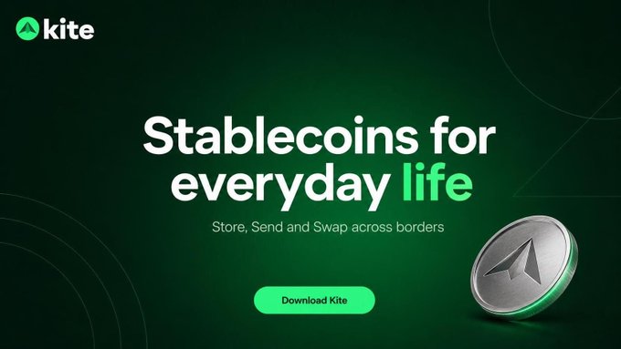An advertisement for 'Kite' reading 'Stablecoins for everyday life' with the tagline 'Store, Send and Swap across borders' and a 'Download Kite' button.