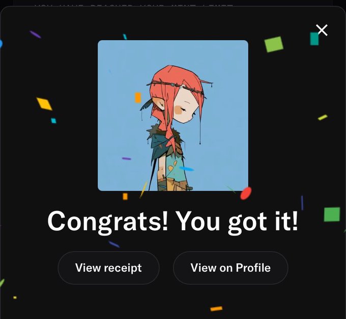 A celebratory screen displays 'Congrats! You got it!' with confetti around a small illustration of a pink-haired character, and buttons for 'View receipt' and 'View on Profile'.
