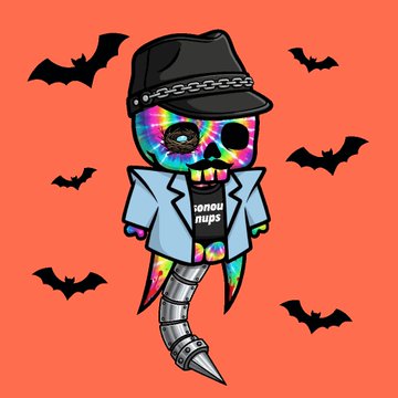 A vibrantly tie-dyed skull character wearing a black cap with a chain, light blue coat, and a robotic drill-like lower body roams a graveyard, with the text "hand nups" visible on its chest amidst flying black bats on an orange background, matching the Halloween/spooky theme of "Re-Animated" NFT collection promotion.