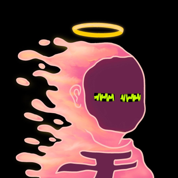 A pink, melting figure with a dark face, yellow halo, and pixelated green eyes—matching the surreal NFT art style referenced in the giveaway post for the RhNarks NFT collection created by @TheWaveaArt.
