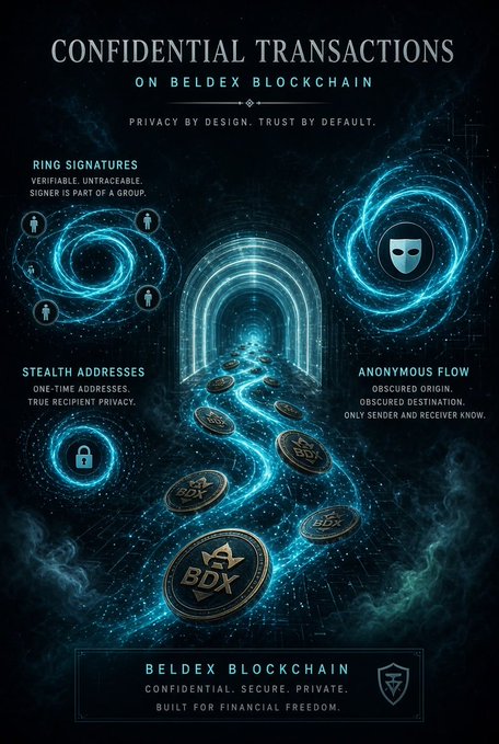 A promotional graphic titled 'CONFIDENTIAL TRANSACTIONS ON BELDEX BLOCKCHAIN' highlighting privacy features like 'RING SIGNATURES', 'STEALTH ADDRESSES', and 'ANONYMOUS FLOW' with BDX coin tokens and digital graphics on a dark background.