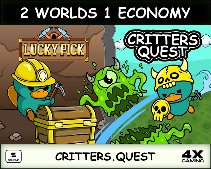 The image is a promotional graphic for the "CRITTERS.QUEST" project, featuring a split-screen design titled "2 WORLDS 1 ECONOMY" that contrasts a mining theme with a "LUCKY PICK" sign on the left against a "CRITTERS QUEST" fantasy theme on the right, both centered around cute cartoon duck-like characters. The artwork includes 4X GAMING and Solana branding, visually reinforcing the post's message about uniting two gaming worlds under a single economy.