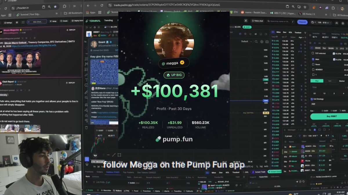 A streamer with headphones is shown in a webcam overlay on the left, with a Pump Fun app graphic displaying '+$100,381 Profit - Past 30 Days' for user '@megga' alongside text reading 'follow Megga on the Pump Fun app'.