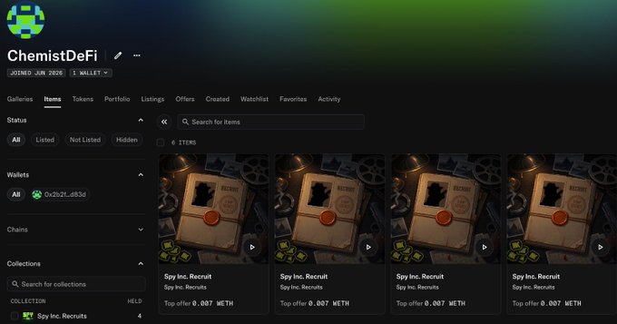 Screenshot of the "ChemistDeFi" NFT portfolio (0x2b2f...d93d) showing 4 "Spy Inc. Recruit" items from the "Spy Inc. Recruits" collection, each with a top offer of 0.007 METH, aligning with the user's post about minting their first 4 Spies on Spy Inc.