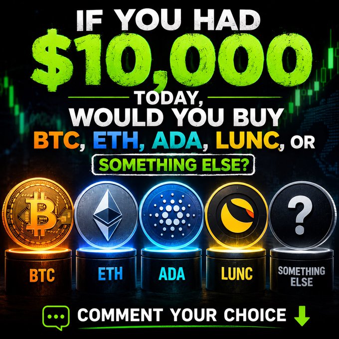 The image features a collection of five cryptocurrency coins, including Bitcoin (BTC), Ether (ETH), ADA (ADA), LUC (LINK), and XLM (XLM). The layout suggests that these coins are available for purchase on $10,000 or less. It also includes a post that poses the question: "If you had $10,000 today, would you buy ?".