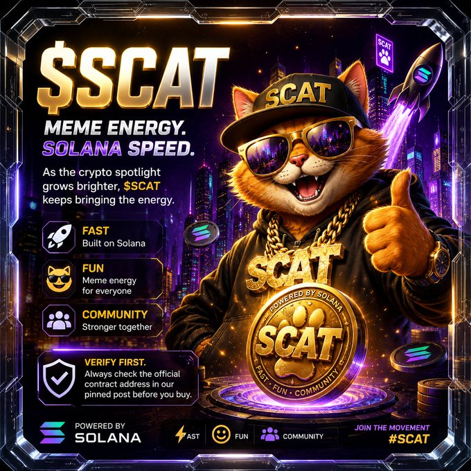 A vibrant promotional graphic for the **$SCAT** crypto token features a cool cat mascot wearing sunglasses and a gold "SCAT" chain, set against a neon cityscape with the tagline "MEME ENERGY. SOLANA SPEED." The image highlights key features—FAST (Built on Solana), FUN (Meme energy for everyone), COMMUNITY (Stronger together)—and urges viewers to "VERIFY FIRST" by checking the official contract address, aligning with the post's theme of $SCAT's role in the evolving conversation around stablecoins and digital payments.