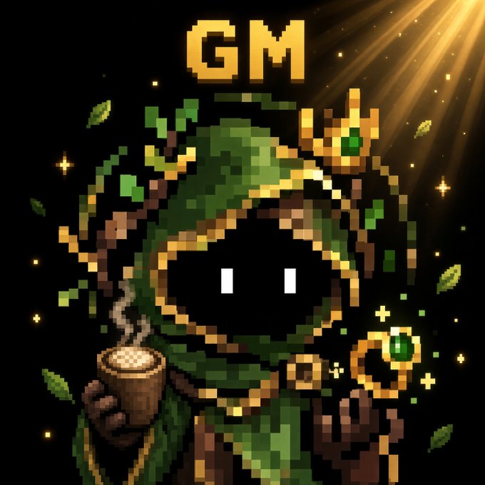 A pixel art illustration of a hooded green-robed character holding a steaming mug and a green gem, with "GM" (good morning) text displayed at the top, commonly used in crypto/NFT communities.