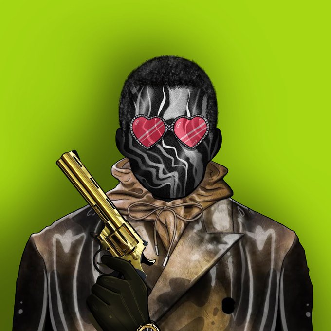 A stylized portrait of a person with a black-and-white flame-patterned face wearing pink heart-shaped sunglasses, a tan trench coat, and holding a gold revolver against a lime-green background.