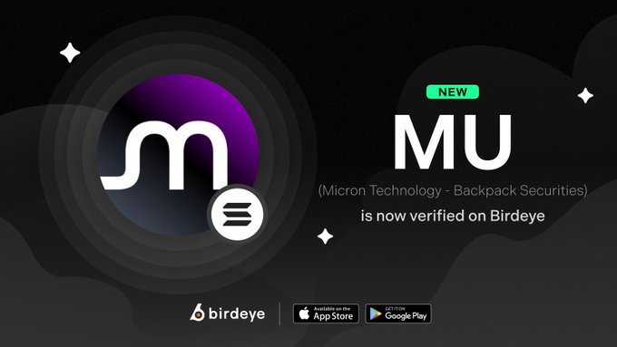 The image features a promotional poster for a cryptocurrency called @MU that has been verified by the company Birdeye, which is an app development platform. The poster displays the logo of the cryptocurrency, along with a white circle containing the letters "M" and an orange "U". There are also additional illustrations and information about the cryptocurrency. The image is set against a dark gray background with a black sky filled with stars above it, suggesting a sense of mystery or allure surrounding the @MU.