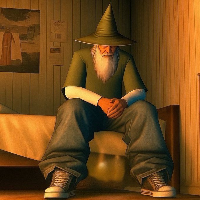 An elderly wizard with a long white beard and a pointed green hat sits hunched on a simple bed in a dimly lit, spartan room, his worn sneakers and modest attire suggesting financial hardship. The image illustrates the post's sentiment by depicting someone who appears outwardly poor and downtrodden, humorously symbolizing crypto investors who quietly amass wealth yet feign a life of struggle.