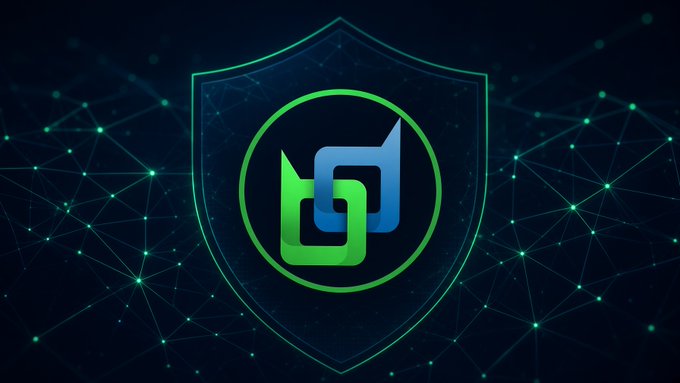 A digital logo featuring a green shield containing interlocking green and blue shapes against a dark background with a network of connected nodes and lines.