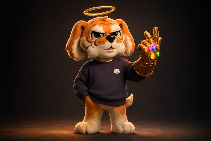 The image features a cartoon dog wearing a sweater and holding up a gold ring with multiple gemstones, which appears to be a Thanos Gauntlet crypto starter pack. The caption below the image reads "GM, the Thanos Gauntlet crypto starter pack is $BTC + HOPE Are you positioned to conquer the world?". This suggests that the image is related to a gaming or promotional campaign for the Thanos Gauntlet game.

The dog's position in front of a black background and its interaction with the Thanos Gauntlet crypto starter pack create an interesting visual contrast, drawing attention to both the dog and the item it holds. The caption adds a humorous twist to the image by incorporating the Thanos character from the movie "The Matrix" into the scene.