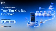 A promotional banner for Sui Treasure Hunt featuring "Truy Tìm Kho Báu On-chain" with a reward pool of 1,500 USDC, showing a globe made of blockchain graphics.