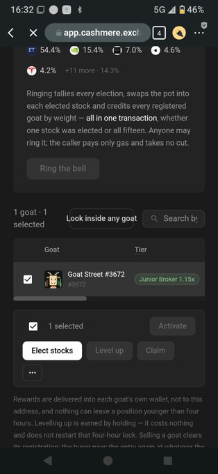 A mobile screenshot of the 'app.cashmere.excl' dApp showing goat selection and stock election options.