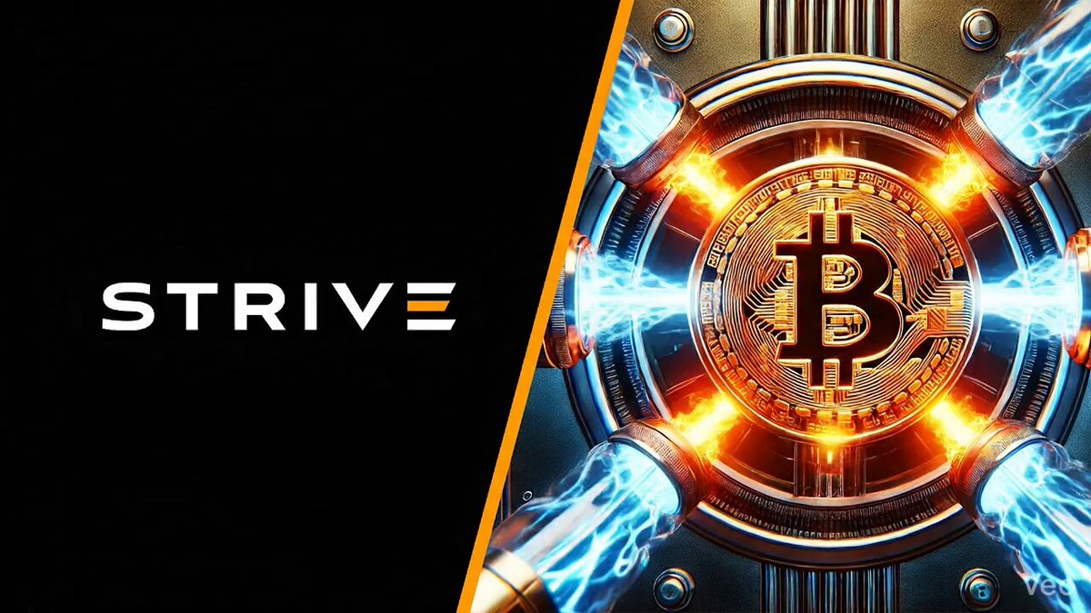 In the image, there's a large Bitcoin symbol inside a circle filled with blue and orange lights. The Bitcoin has a small gold coin attached to it as well. The background of the image features a dark black color, with some text that reads "@Strive" and "$2.1 billion". There are also some lines connecting various elements in the image like the Bitcoin symbol and the gold coin.