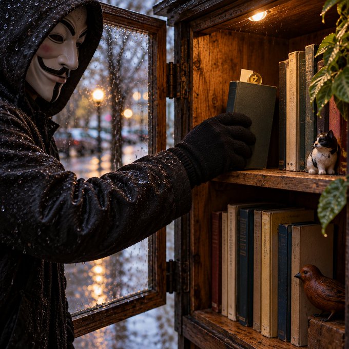 A figure in a Guy Fawkes mask and black hooded jacket, dusted with snow, carefully places a book back on a wooden street library shelf beside a small ceramic cat and bird figurine, embodying the spirit of "Leave something for the next anon" by anonymously sharing literature with strangers.